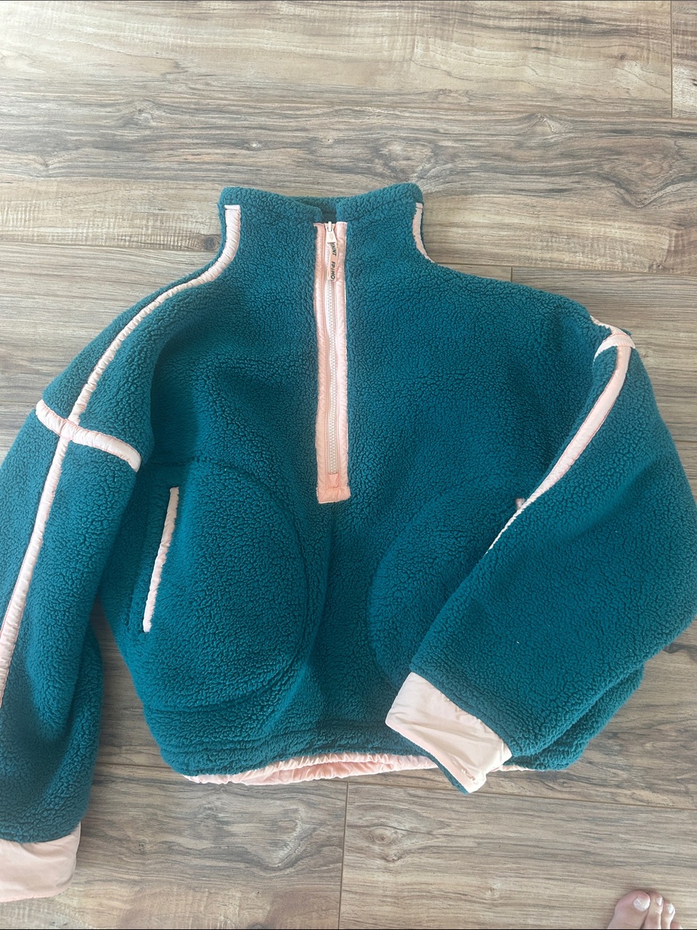 FP Movement Teal Sherpa Half-Zip Jacket with Peach Trim